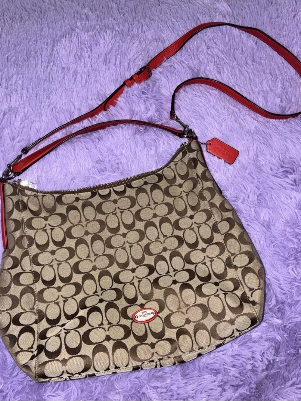 Coach Brown Signature Celeste Shoulder Bag with Red Trim